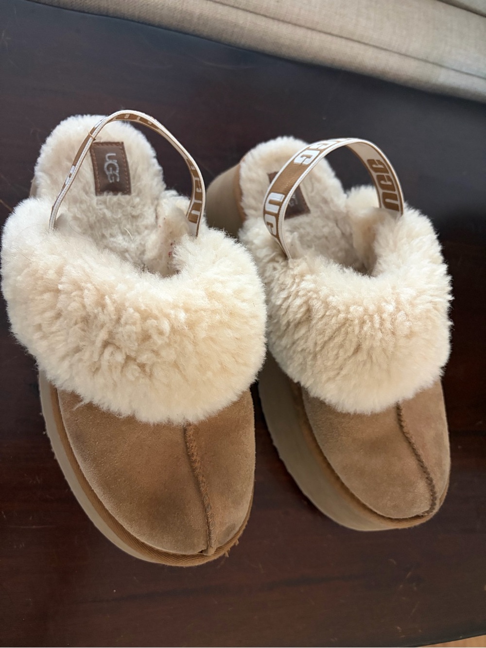 UGG Chestnut/Tan Suede Shearling Backstrap Clogs